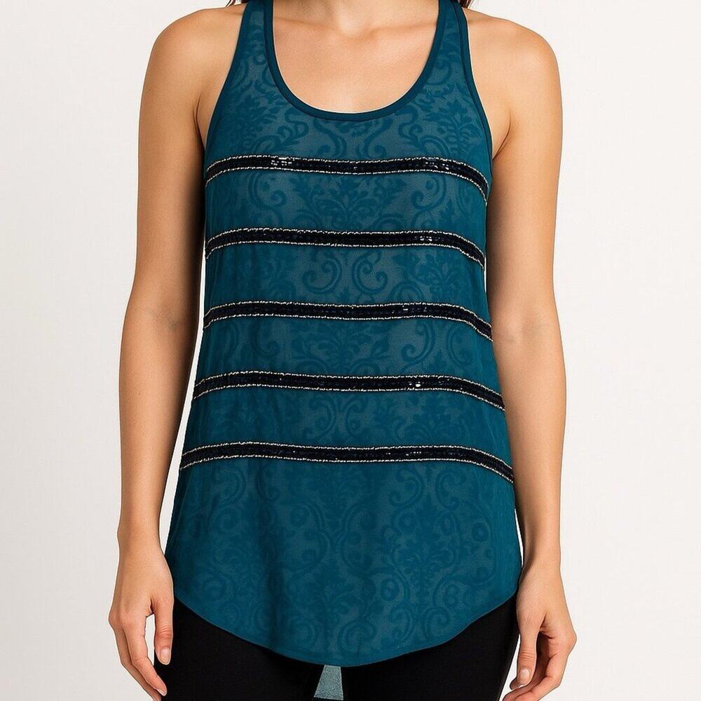Iris Turquoise Sheer High-Low Tank Top Women’s Size S – Beaded & Sequin Embellis